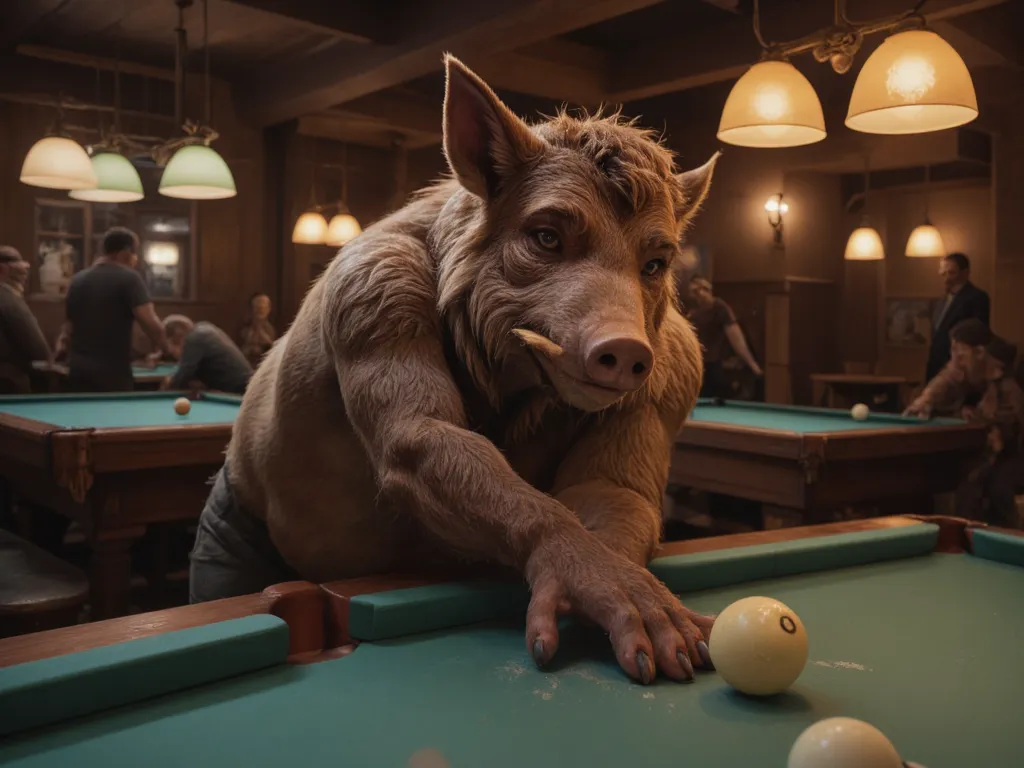 Cute male boar playing billiards