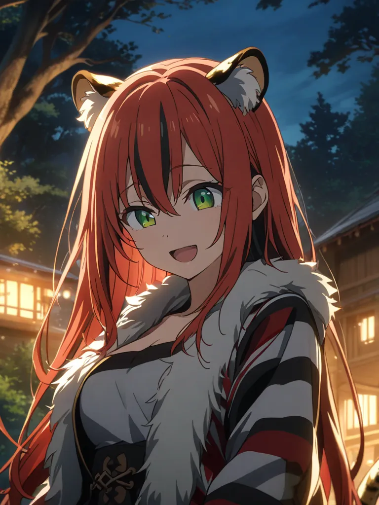 ((masterpiece)),  1 girl, High definition,  long hair, redheads, Black, multicolored hair, Red and black striped hair, Red hair with black stripes, open mouth,  middle chest, tiger ears, tiger tail , green eyes,  slanted eyes , she is wearing clothes made ...