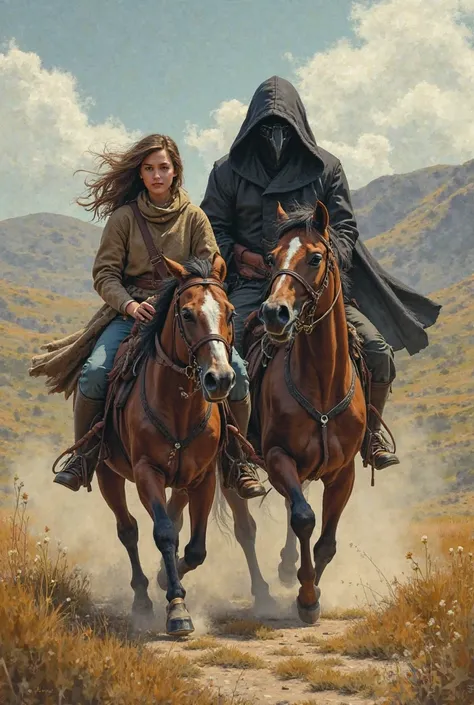 She rides a horse, and a guy her age with blond hair is riding next to her, and they are followed by a wow man than a sulfur with a hood and a crow mask