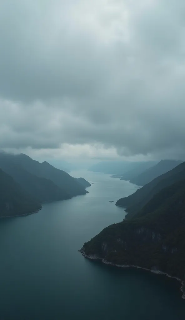 A breathtaking aerial view of Thang Hen Lake under an overcast sky, where dramatic, heavy clouds roll in, casting a moody gray-blue hue over the water. The darker tones of the landscape create a deep contrast against the misty horizon, evoking a sense of m...