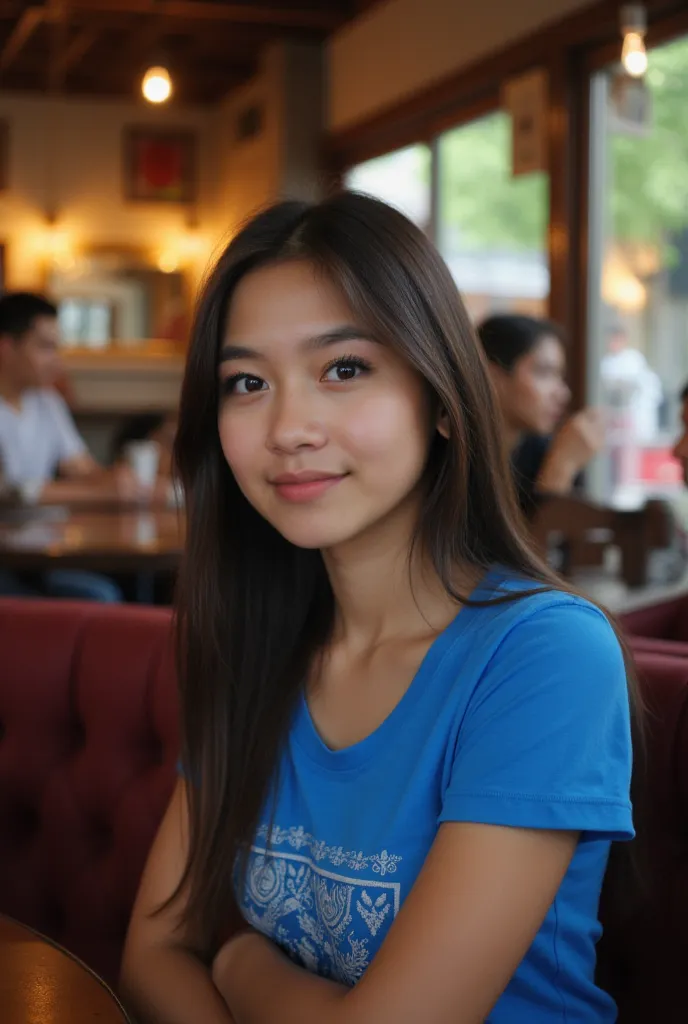 Woman sits in a coffee. Wears a blue T-shirt. , Photorealistic style, impressionistic, sharp focus, highly detailed, daylight, detail, full body