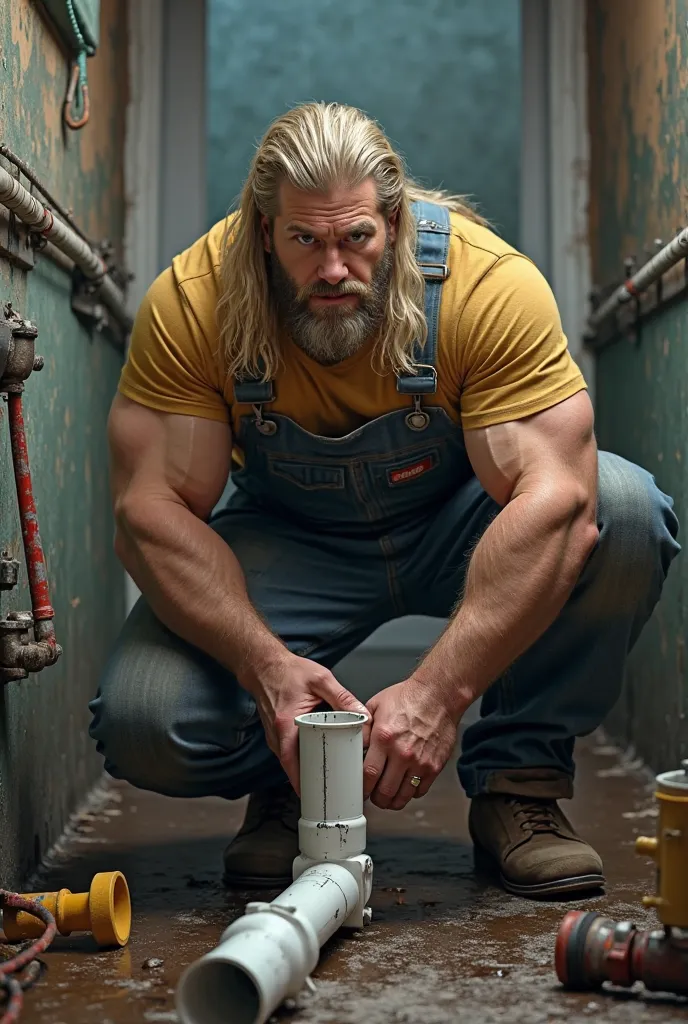 create an image of thor as a plumber holding pvc pipe 