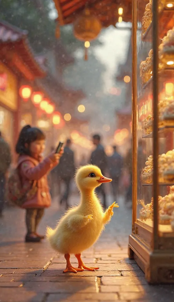 A duckling goes to a luxurious market and stands in front of a mobile phone store to buy a phone. A Chinese girl shows it a smartphone.