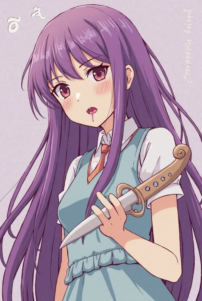 anime girl with long hair and purple hair holding a knife, a pastel by Shitao, pixiv, process art, ahegao, ahegao face, loli, hajime yatate, [ 4 k digital art ]!!, konachan, dripping saliva, fleshy creature above her mouth, loli in dress, shikamimi