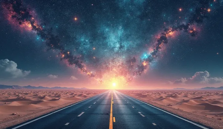 A PAVED ROAD WITH A DOUBLE CONTINUOUS LINE, STRAIGHT ROAD TO THE HORIZON, IT IS ON A DESERT, ON BOTH SIDES IS THE COSMOS, galaxies and stars, a dream image