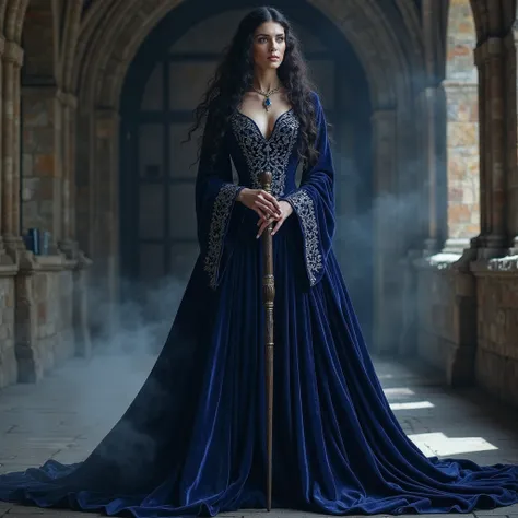 A regal and enigmatic woman resembling Moiraine from *The Wheel of Time*, with deep sapphire-blue eyes that hold centuries of wisdom and mystery. Her long, dark curls frame her pale, elegant face, her expression calm yet unreadable. She is clad in a flowin...