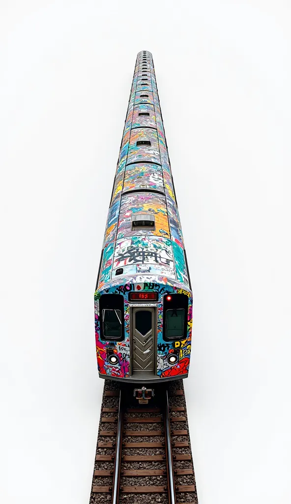 A high-resolution, photorealistic aerial view of a commuter train completely covered in graffiti, perfectly aligned. The train, with its typical urban design, is fully covered in colorful, intricate street art, showcasing a mix of vibrant tags, murals, and...