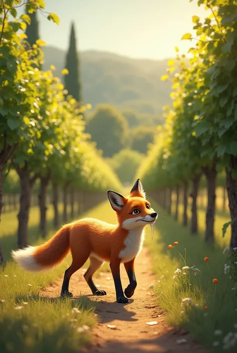 In a beautiful vineyard a fox is slowly walking the saliva in its mouth comes out 