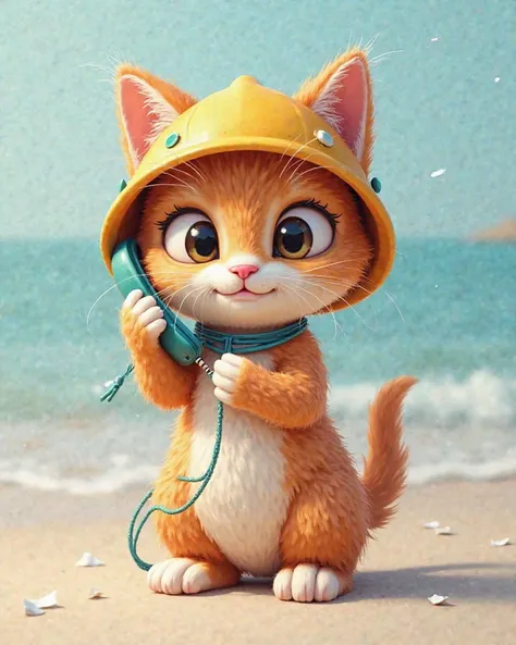 A painted 3d kitten makes a cell phone call in a lifeguard helmet