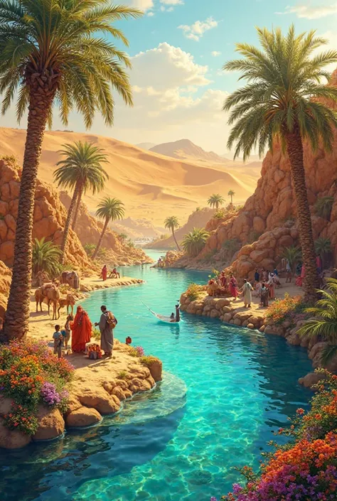 High-quality 4K artwork depicting a vibrant and lively oasis in the middle of a vast desert. The scene is full of life, with lush palm trees, crystal-clear water reflecting the golden sunlight, and colorful flowers growing along the water’s edge. Nomads an...