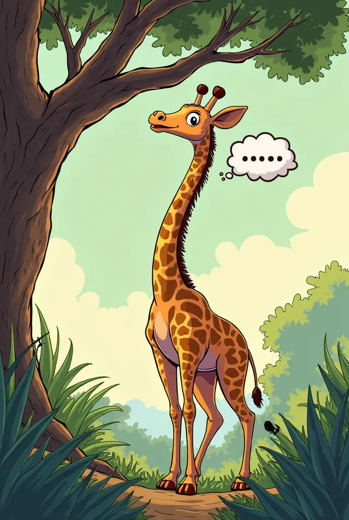 PAGE 2:
MEDIUM SHOT: A slightly taller giraffe-like creature reaches a higher branch with relative ease.
GIRAFFE (Speech Bubble): "Much better!"

make it like a comic-style