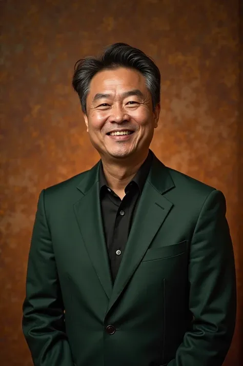 a 40 year old smiling Indonesian man wearing a dark green suit with an abstract brown studio photo background with warm lighting