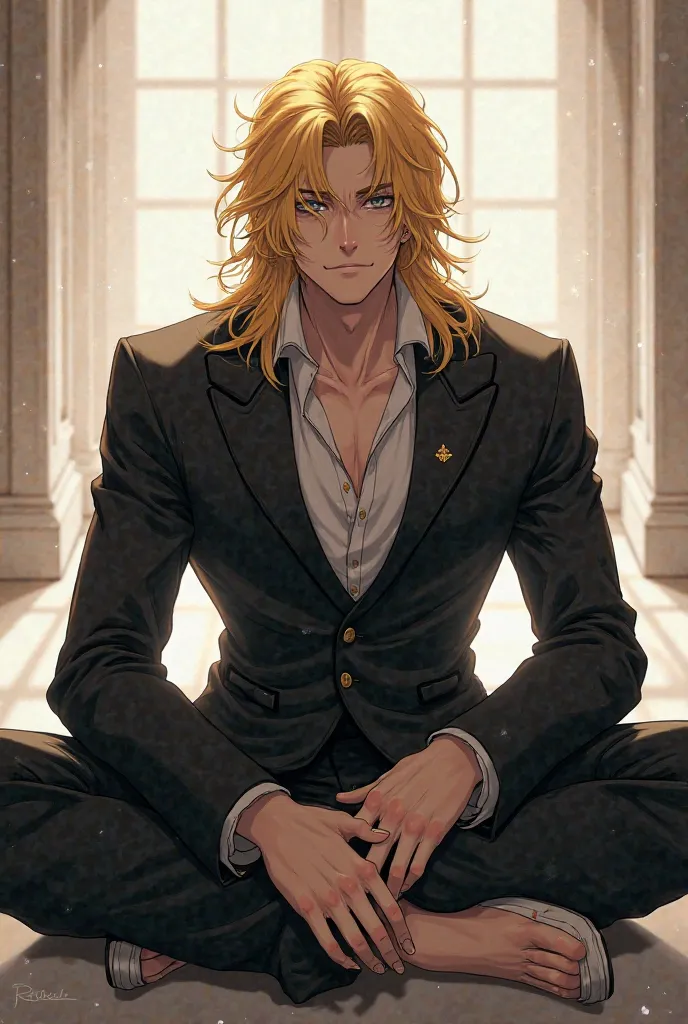 Make a cool, handsome looking anime character with a golden hai a boy in black long clothes mercenary blazer, sitting on the ground in a cross leg position meditating.