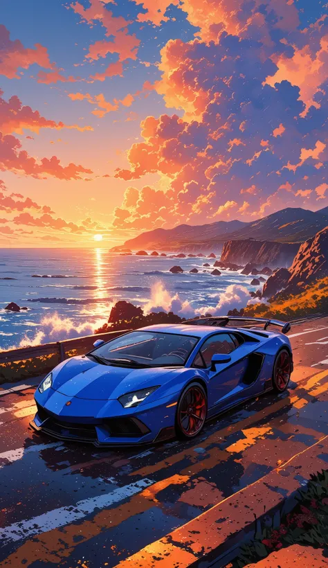 A high-performance blue Lamborghini Aventador with red rims, driving along a winding coastal road during a breathtaking sunset. The sky is a mix of warm orange and deep blue, with dramatic clouds reflecting the last light of the day. Waves crash against th...