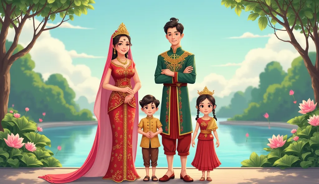 A family scene in traditional Thai royal attire, featuring four characters standing together on a terrace with a serene natural background. The adult woman is wearing a red Thai traditional dress with intricate golden embroidery, complemented by a pink vei...