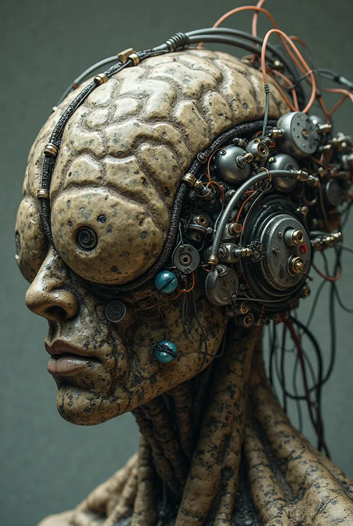 draw substance that looks like a human brain with implementation of various schemes and wires and electronics - synthetic artefact from stalker universe. Looks both like stone and mechanism 