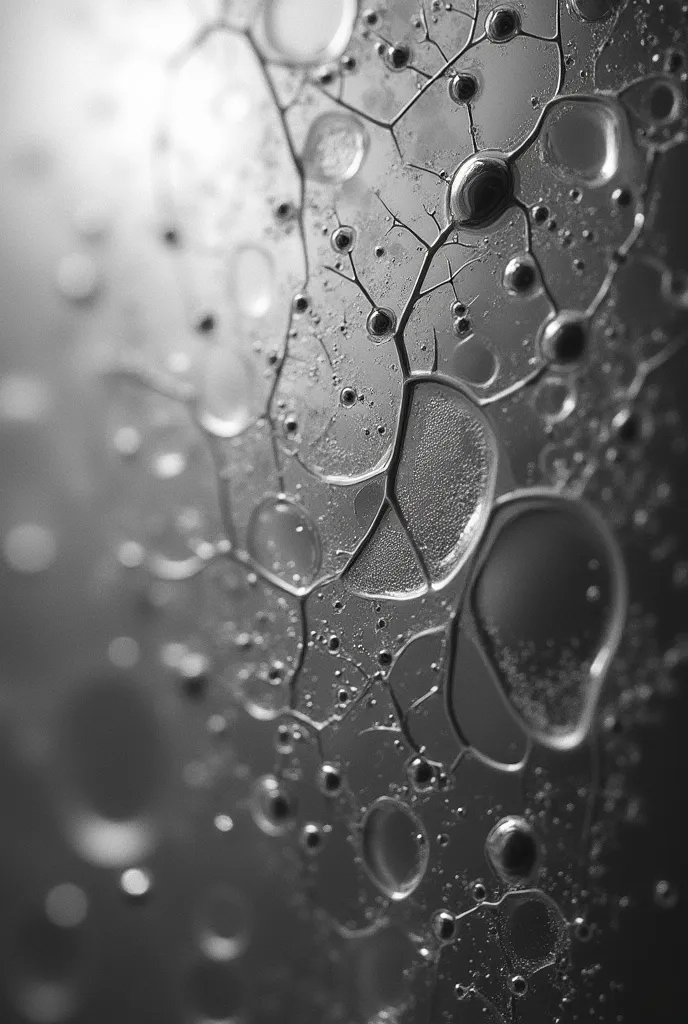 Abstract macro photograph of sweat patterns forming on a glass surface, backlighting to highlight the textures, high contrast, monochrome, scientific visualization style.