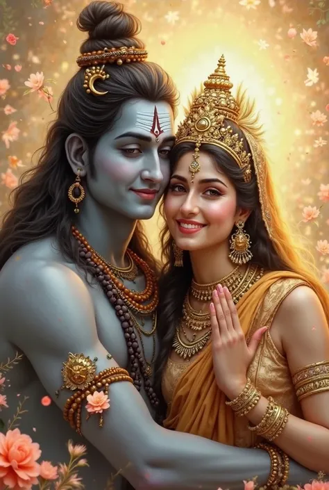 A divine and artistic portrayal of Lord Shiva and Goddess Parvati. Lord Shiva has a serene, smiling expression, with his skin depicted in a bluish-gray tone, adorned with rudraksha beads, a crescent moon on his head, and sacred ash markings on his forehead...