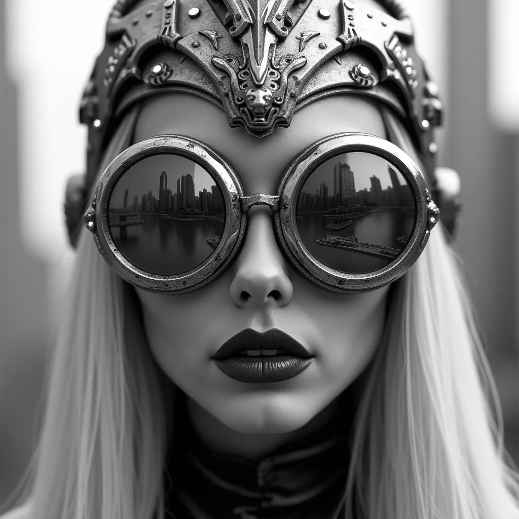 highly detailed, black and white photograph of a woman's face with a futuristic, cyberpunk aesthetic. The subject has long, straight, platinum blonde hair that cascades down past her shoulders. She wears large, round, metallic sunglasses with intricate, ge...