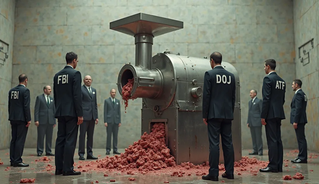 In the center of the foreground at the front is a giant meat grinder machine made from stainless steel. Written on the side of the machine is the word "DOGE". There are people being fed into the meat grinder from the top. The people are wearing suits that ...