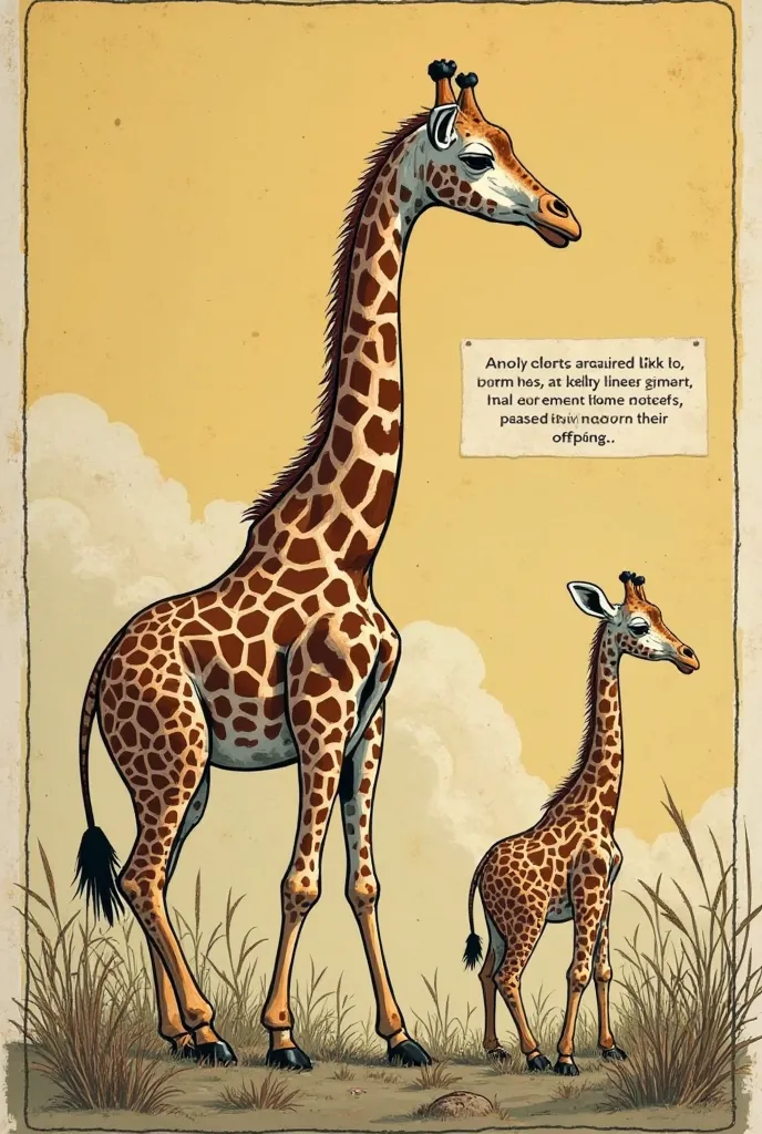 now this one BOX 2:
A baby giraffe like creature is born, and has a slightly longer neck than the origional giraffes
(Text Box) "And these acquired traits, Lamarck proposed, were passed down to their offspring."

make it like a comics