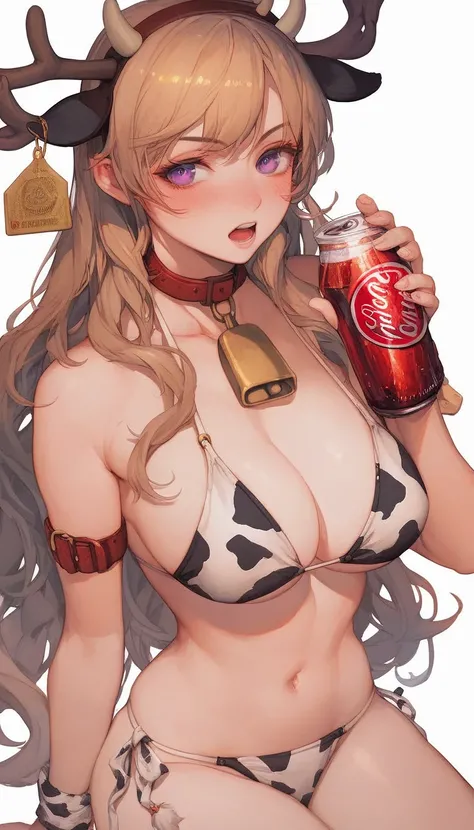 score_9,score_8,score_7,score_8_arriba,score_7_arriba、big , 1 girl,  breasts, swimsuit, bikini, Alone , cola, orejas de animal, antlers, Campaign, blush,  navel, cow ears, cow cola , cow antlers, Animal print,  cow print , neck Campaign, blows, long hair, ...