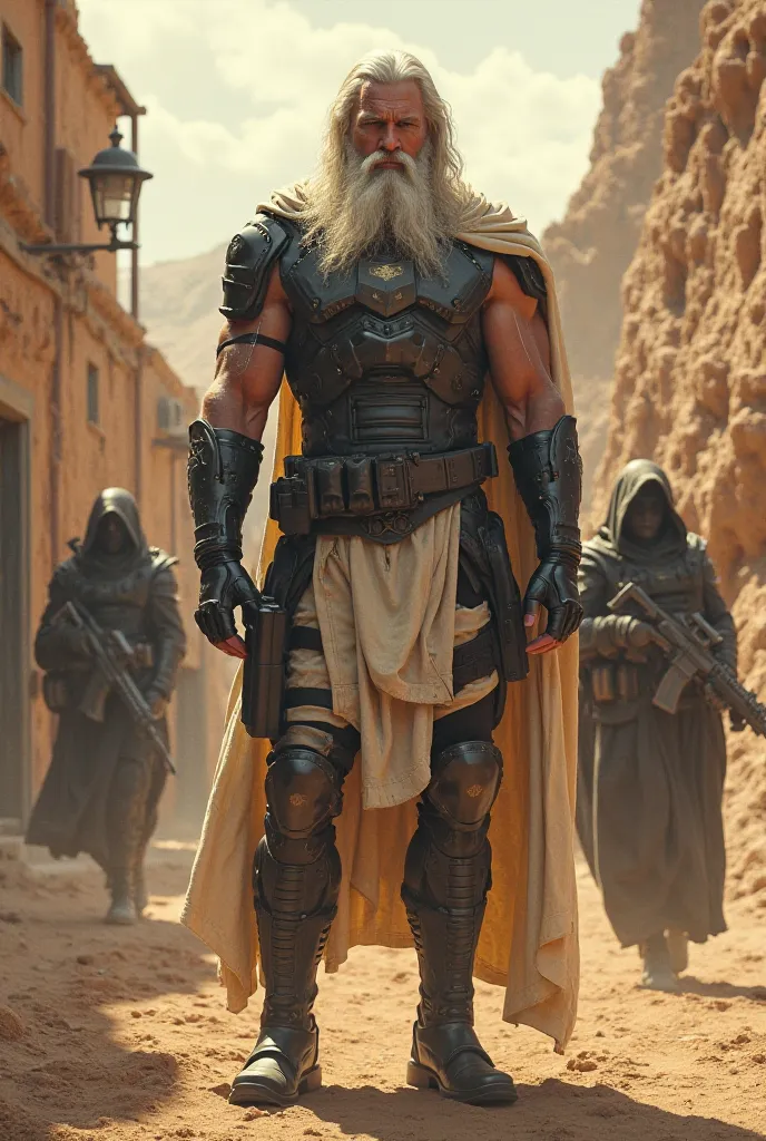 Zeus in modern military style in the desert town with death whisperers 