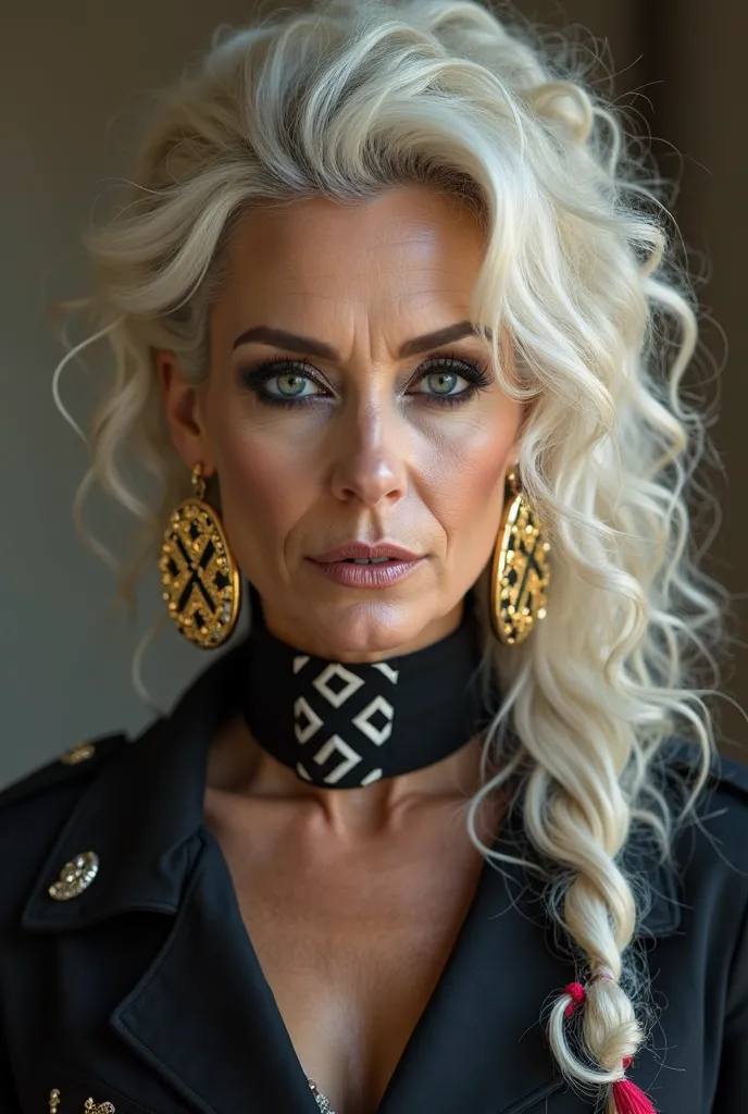 A rich mature lady,  extremely pretty , black eye makeup,  long curly platinum blonde hair, tied up, 56 years old, WK 2 Knight Cross Fabric Choker, SS-style Nazi outfit, huge hoop earrings with huge swastikas made of gold 