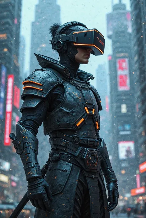 ronin wearing vertual reality glasses and RONIN VR cyberpunk style
