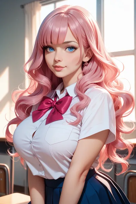 blue hanging eye, pink hair ,long wavy hair,Big Breasts, beauty, girls on the left, school uniform, has bangs