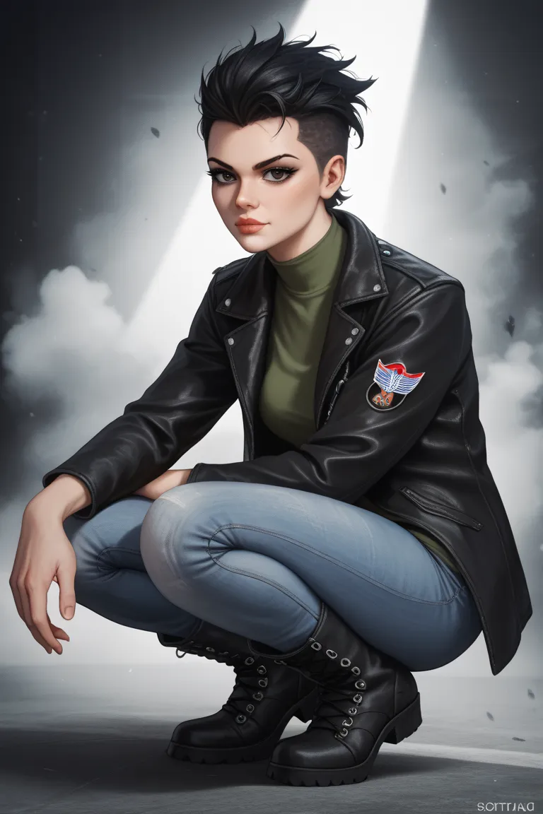 tomboy short black hair slicked back small black eyes strong defined body natural lips wearing a black jacket and a dark green shirt black boots and jeans squatting