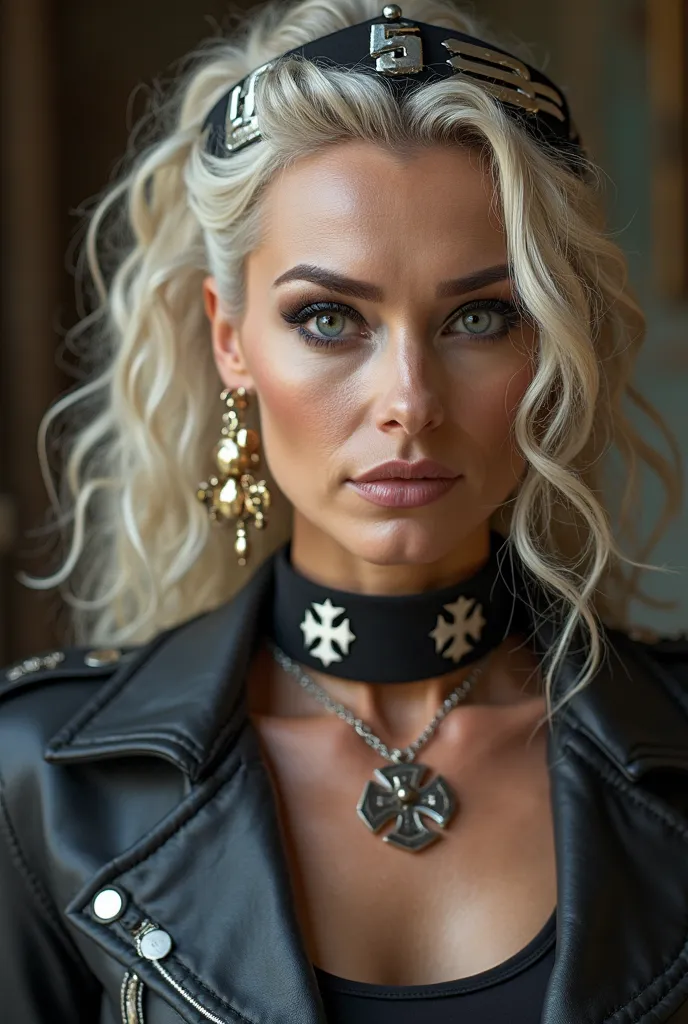 A rich mature lady,  extremely pretty , black eye makeup,  long curly platinum blonde hair, tied up, 56 years old, WK 2 Knight Cross Fabric Choker, SS-style Nazi outfit, huge hoop earrings with huge swastikas made of gold, Headband with 55