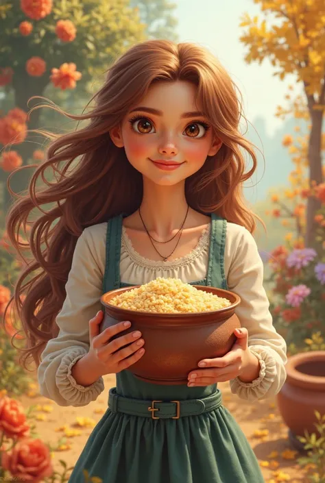 A beautiful brown haired girl holding a pot with porridge in it. The background must be fun