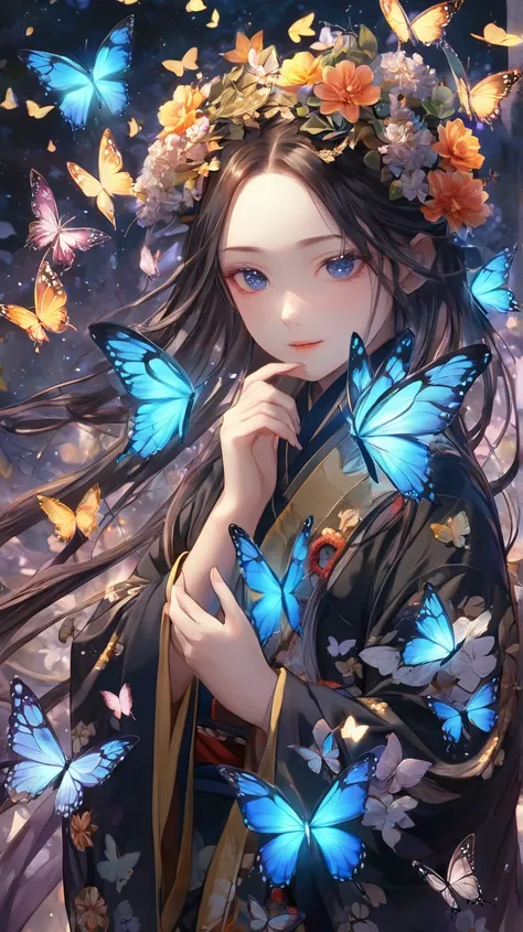 "A delicate yet ominous Japanese yokai named Chōchō-no-Satoshi, the wisdom of the butterfly. It appears as a swarm of glowing butterflies, their wings shimmering with unearthly light. They flutter around those who seek knowledge, whispering secrets known o...