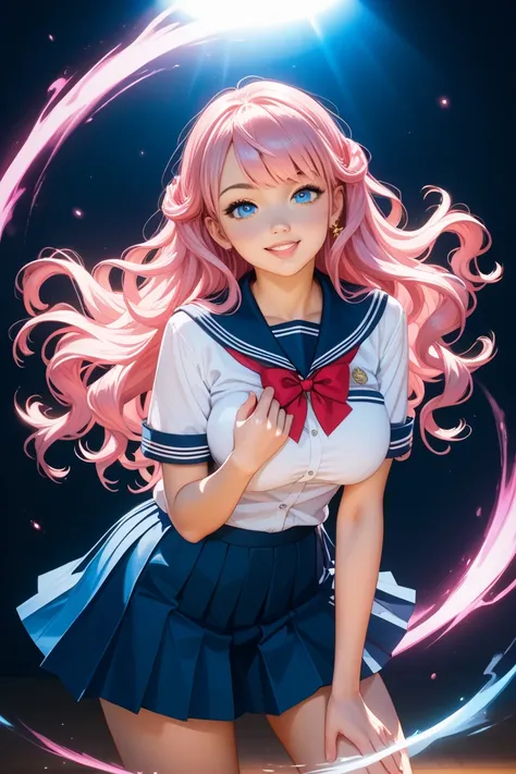 blue hanging eye, pink hair ,long wavy hair,Big Breasts, gal, girls on the left, school uniform, has bangs