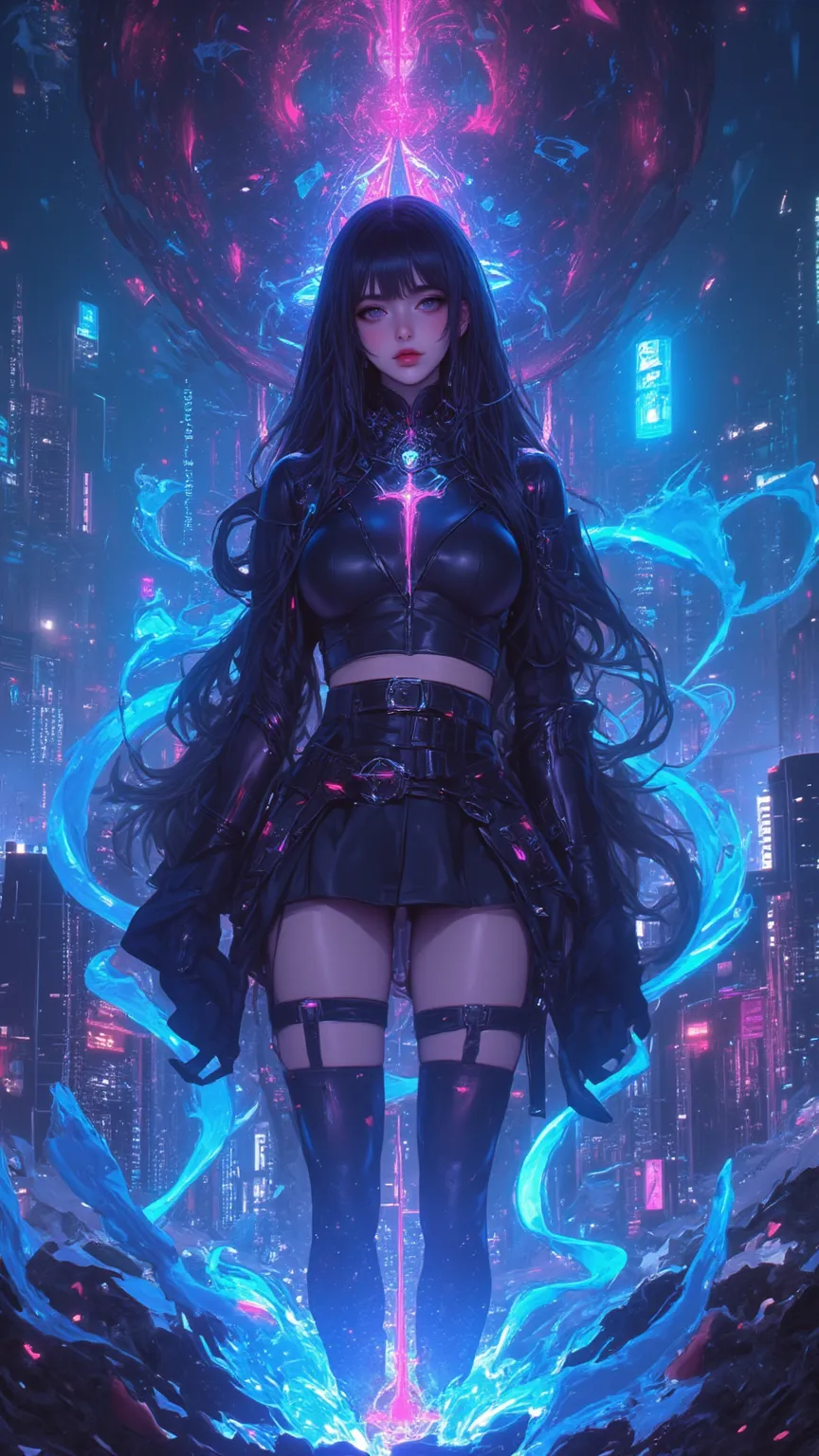 in a stunning digital abyss rendering，fusing cyberpunk anime style，influenced by CKSC and DreamArtArt styles，Rendering a mysterious girl。