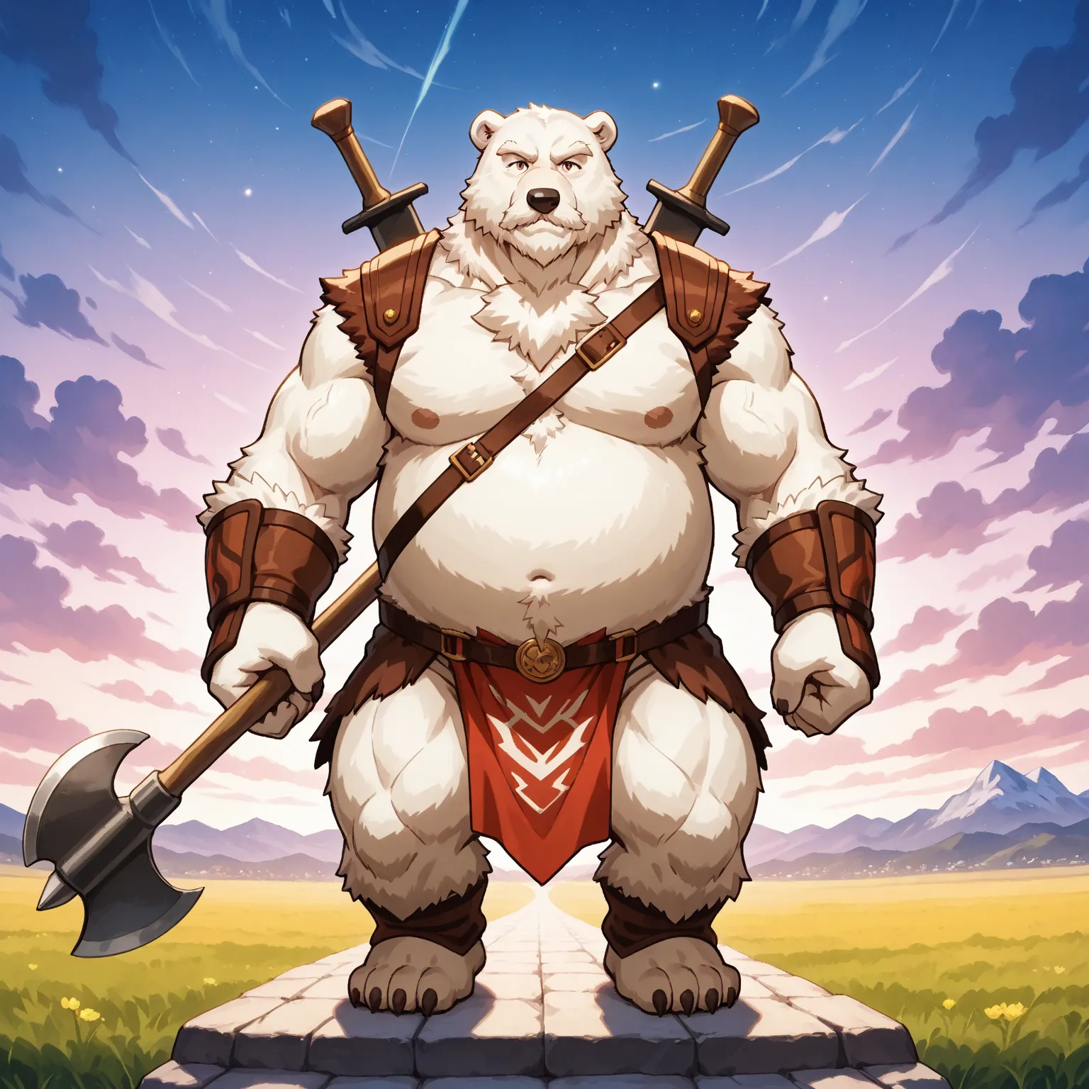 character focus, full body, looking away, dynamic angle, fantasy, barbarian, a musclegut middle-aged polar bear man, barbarian costume clothes, heroic loincloth, leather underwear, standing, heroic pose, setup axe hand, BREAK full body in Michelangelo Buon...