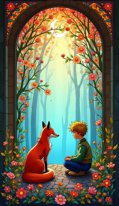 stained glass window, scene from a work "little prince", where he sits with a stained-glass fox