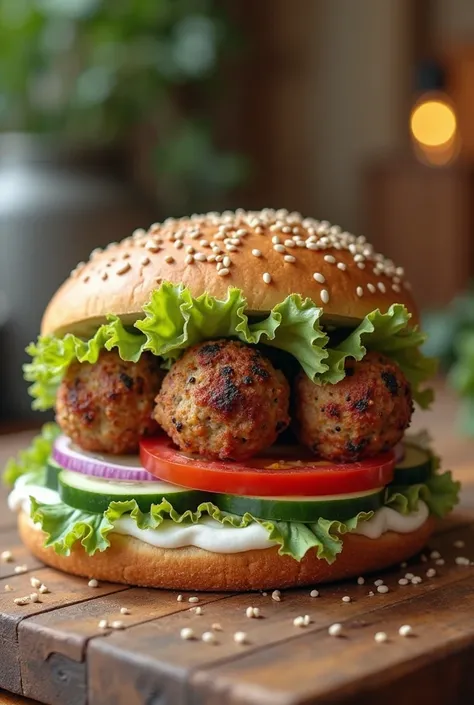 generate me a very realistic  sandwich with meat balls and very little white spread and lettuce tomato onion  and cucmber inside circle vegan Egyptian flat  bread without sesame seeds ( aish baladi) on top of a kitchen table 