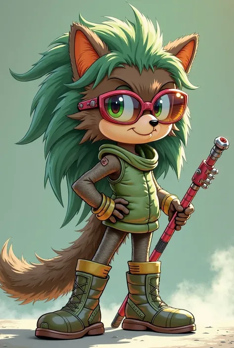 female anthropomorphic frizzy porcupine with black skin and green fur, Cartoon Sonic style, She wears futuristic boots, large futuristic sunglasses and fighting cane.