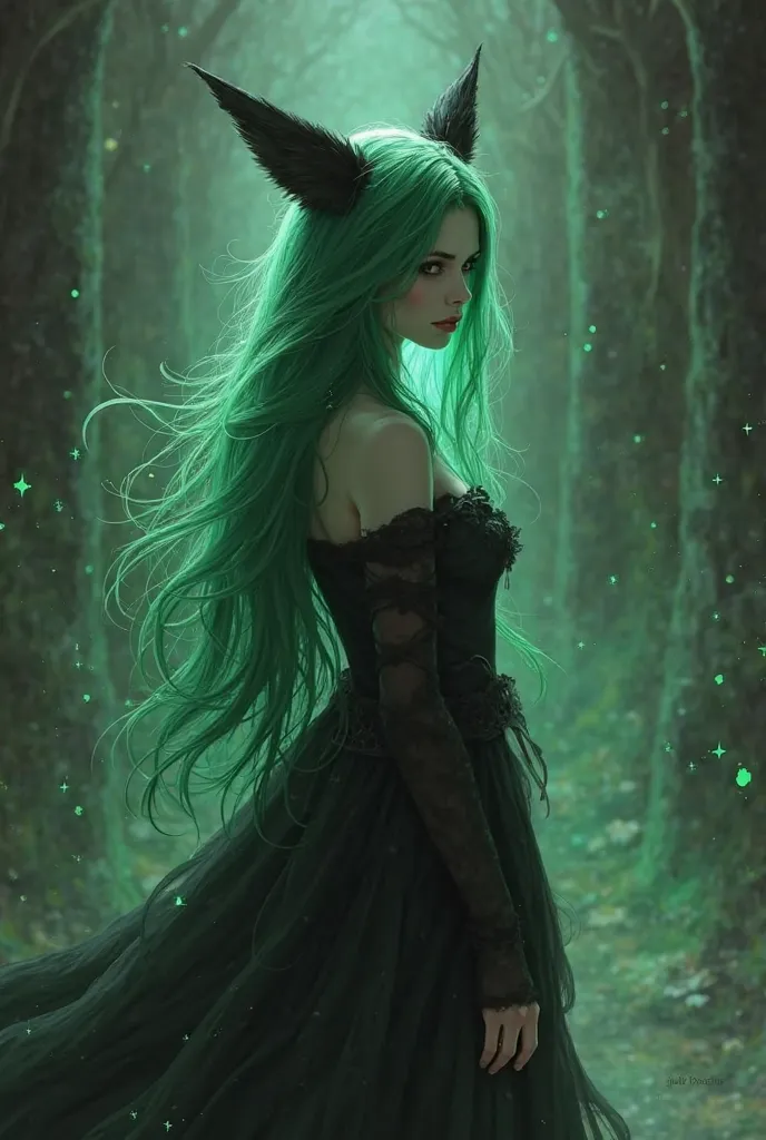 Long green haired pale skinned female necromancer witch with black fox ears