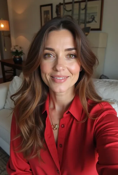 (photorealism:1.2), generate full face selfie of a 40 year beautiful woman, about to go to work, wearing a red Gucci designer office shirt, long brown hair, light brown eye, soft lighting, cozy sitting room, realistic,