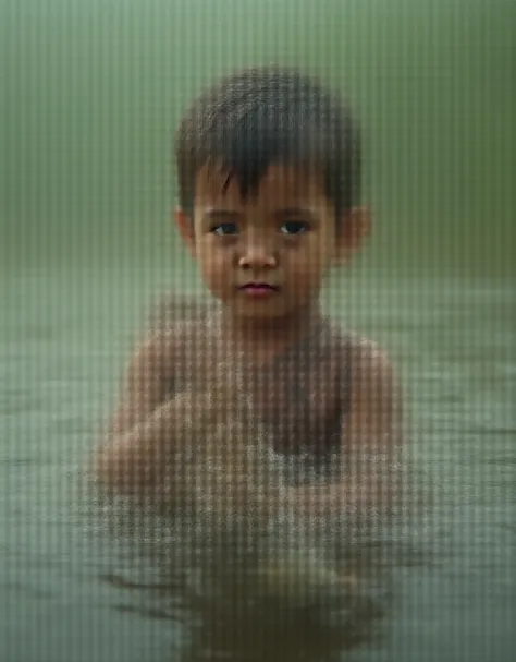 Young boy on the river eating ton fish with pepsi 