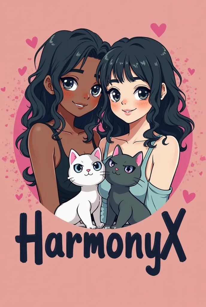 Help me create a logo, of two young women, one with slightly dark skin and the other white, with black hair , that looks a little rebellious, and that it is a pink background, And that they are with a cat that looks a little cold and cute at the same time ...