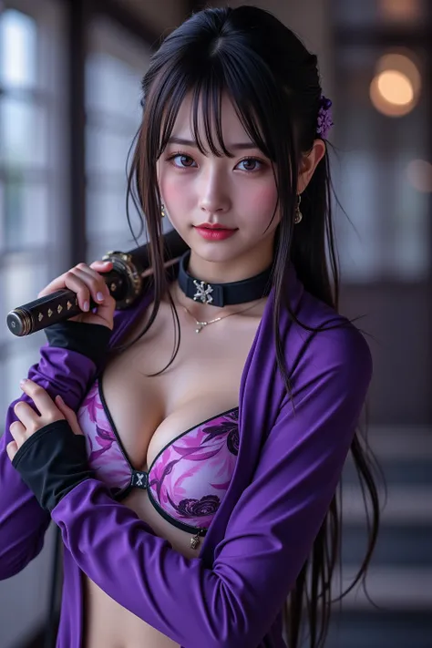 A beautiful young Japanese woman in her 20s, showcasing a striking appearance with a slimmer figure, flawless features, delicate eyes with a touch of purple hue, full lips, and an ethereal smile. Her semi-smile carries a confident intent as she looks direc...