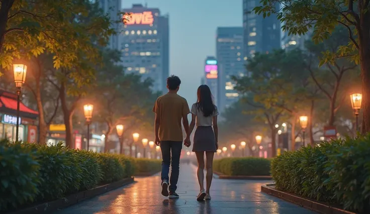 Realistic

Korean Park – Evening 

Soo-ah (is a korean woman age 29) and Ji-hoon (is a korean handsome guy age 30) walk hand in hand under city lights.