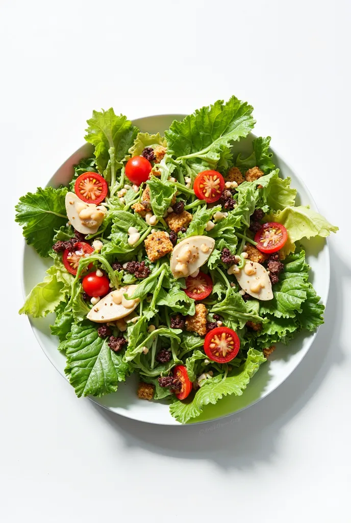 salad in a white plate,removed from the side profile, On a white background