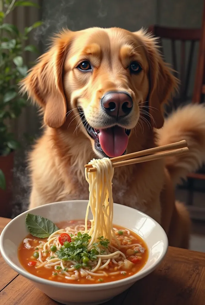 "The golden retriever happily eats a delicious bowl of Pho Hanoi, using chopsticks and wagging its tail. The camera focuses on the dog’s joyful expression as it takes a big, satisfied bite. Steam rises from the bowl, enhancing the cozy atmosphere."