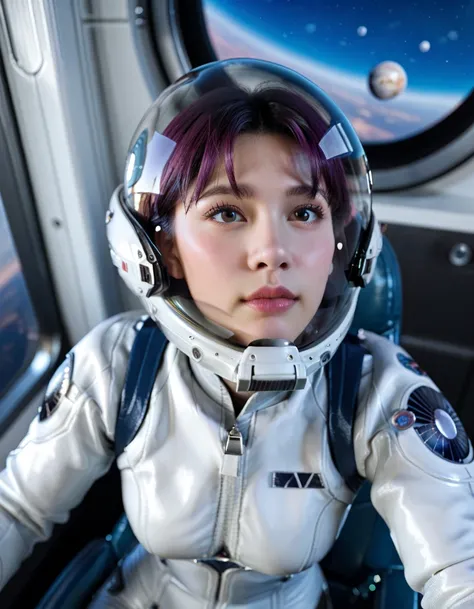 ,, (plugsuit:1.15), , eva helm, , indoors,masterpiece, best quality, 1girl, solo, {{{very short hair:1.7}}}, pread legs, , , short hair, ,(upper body:1.2)space helmet, space helmet,eva helm, spacesuit , astronaut), from above, pink hair, bubble helmet, spa...