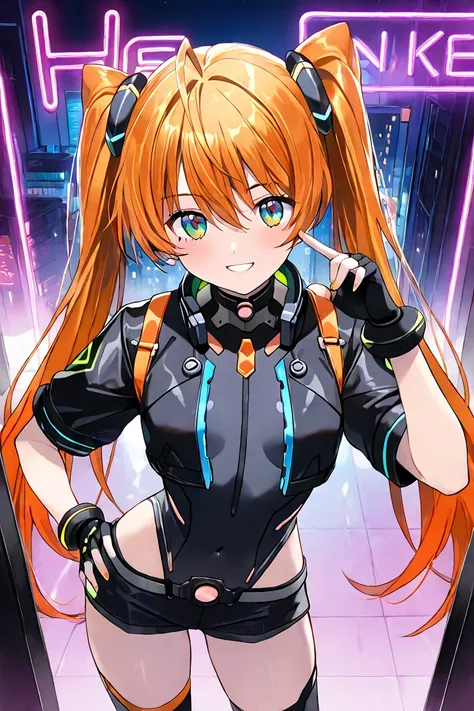 ((masterpiece)), ((high_quality)), (1girl), ((eyesHD)), (high gradient eyes), Ogisu Setsuna, A beautiful young woman with long, vibrant orange and toasted red hair tied into two pigtails with yellow hair accessories, and bright green eyes full of confidenc...